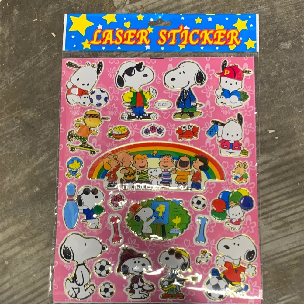 Peanuts Character Laser Sticker Sheet - Pink Background
